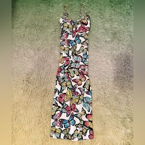 Colorful Butterfly Print Spaghetti Strap Crossback Dress